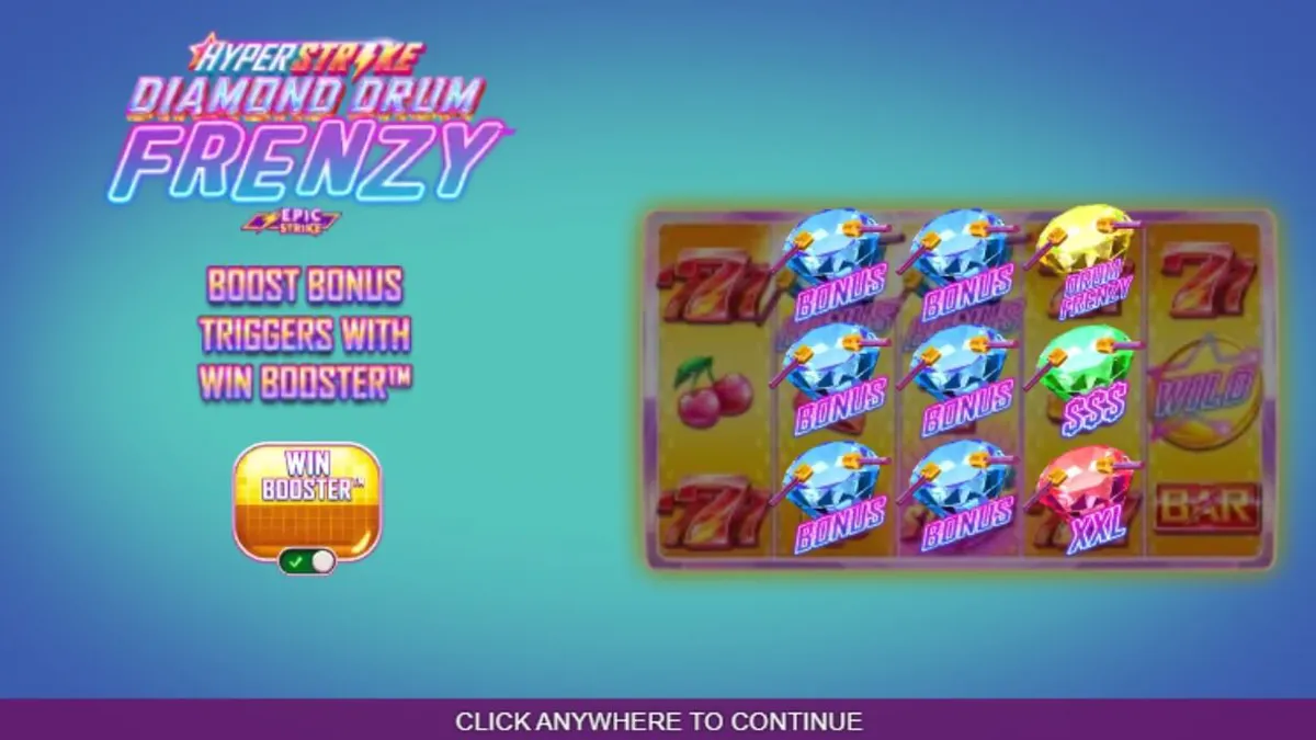 Tampilan visual slot Hyper Strike Diamond Drum Frenzy dengan tema neon retro dan drum emas.