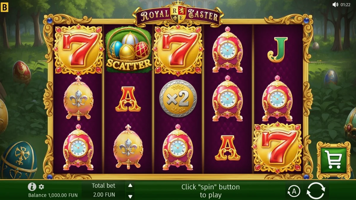 Tampilan visual mewah slot Royal Easter dengan telur Fabergé dan taman istana