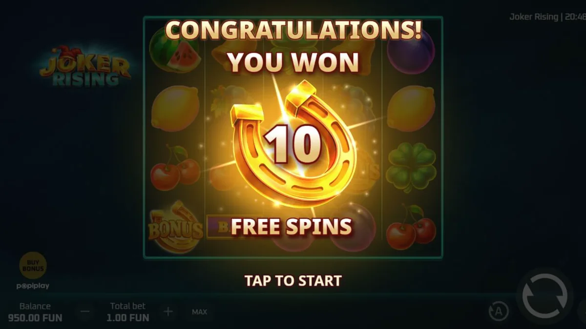 Tampilan visual slot Joker Rising dengan simbol buah neon dan karakter Joker